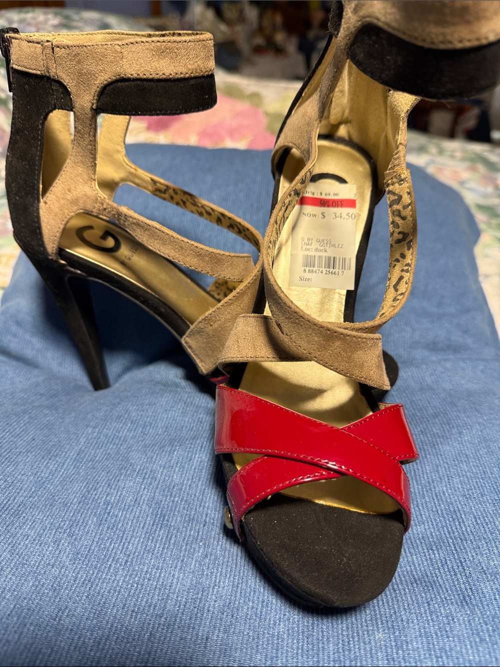 G by Guess - Red and Tan Strappy 4” High Heel Sandals